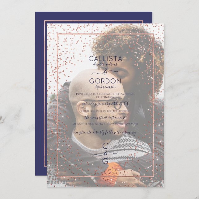 Navy Rose Gold Glitter Confetti Border Wedding Invitation (Front/Back)