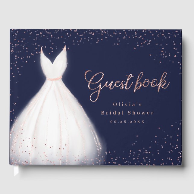 Navy Rose Gold Glitter Elegant Dress Bridal Shower Guest Book (Front)