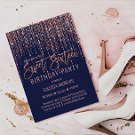 Navy Rose Gold Glitter Fringe Curtain Sweet 16 Invitation<br><div class="desc">This glamourous and luxury Sweet Sixteen birthday party invitation is the perfect design for your young teenage girl's special event. It features a faux sparkly rose gold glitter fringe curtain with faux glitter typography on top of a simple navy blue background. It's an elegant, chic, trendy, and modern bling design...</div>