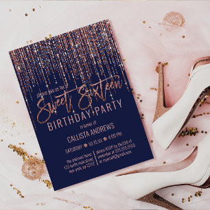 Navy Rose Gold Glitter Fringe Curtain Sweet 16 Invitation