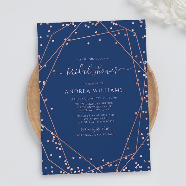 Navy Rose Gold Glitter Geometric Bridal Shower Invitation (Creator Uploaded)