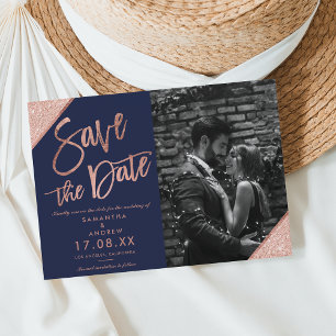 Navy Rose gold glitter script photo save the date Postcard