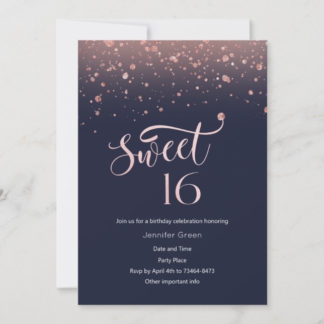 Navy & Rose Gold Glitter Sweet 16 Invitation (Front)