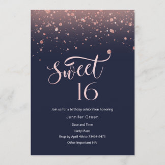 Navy & Rose Gold Glitter Sweet 16 Invitation