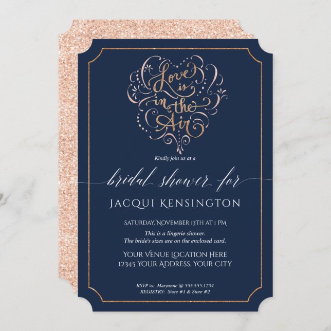 Navy Rose Gold Glitter Typography Bridal Shower Invitation (Front/Back)