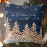 Navy Rose Gold Glitter Winter Forest Family Name Cushion<br><div class="desc">"Navy Rose Gold Glitter Winter Forest Family Name Throw Pillow." Your family name in script calligraphy with flourishes along with the year established (or you can change to any message you prefer). Rich navy blue watercolor wash wood background with blush rose gold glitter forest trees over a snowy hillside with...</div>