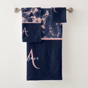 Navy & Rose Gold Marble Monogram Elegant Luxury Bath Towel Set