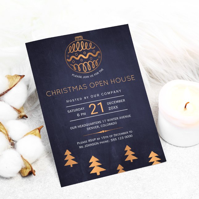 Navy Rose Gold Metallic Christmas Open House Party Holiday Card (Creator Uploaded)