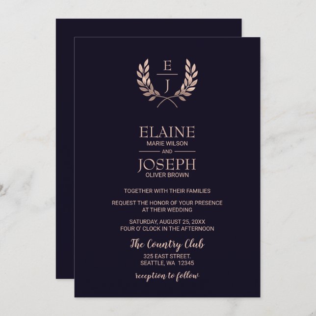 Navy Rose Gold Monogram Wedding Invitations (Front/Back)