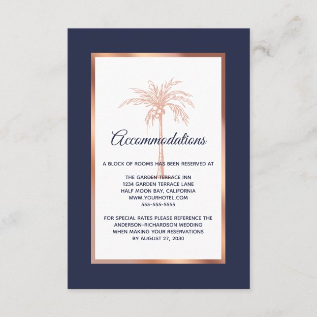 Navy Rose Gold Palm Tree Wedding Accommodations Enclosure Card (Front)