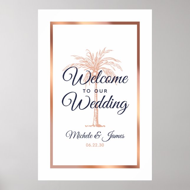 Navy Rose Gold Palm Tree Wedding Welcome Poster (Front)