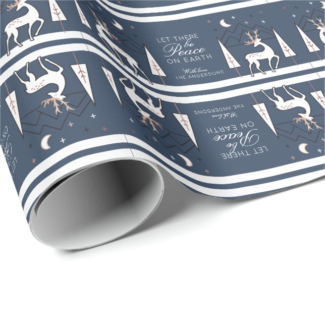 Navy Rose Gold Peace on Earth Reindeer at Night Wrapping Paper (Roll Corner)