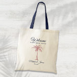 Navy Rose Gold Pink Palm Tree Wedding Welcome Tote Bag<br><div class="desc">Customise this navy blue and gold "Welcome" tote bag with your own special touch. This modern design features modern script,  navy blue text and an artistic rose gold pink palm tree. Personalise it with your names,  wedding date and location. If you need help or matching items,  please contact me.</div>