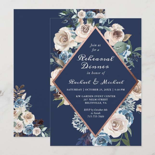 Navy Rose Gold Rehearsal Dinner Invitation (Front/Back)