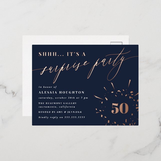 Navy & Rose Gold Script Surprise Party Foil Invitation Postcard (Front/Back)