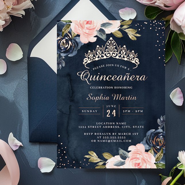 Navy Rose Gold Watercolor Quinceanera  (Creator Uploaded)