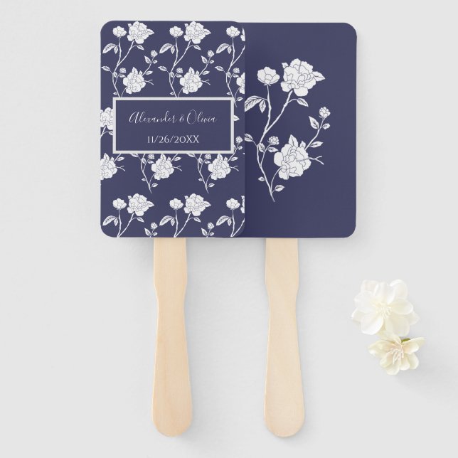 Navy Rose Wedding Favour Hand Fan (Front and Back)