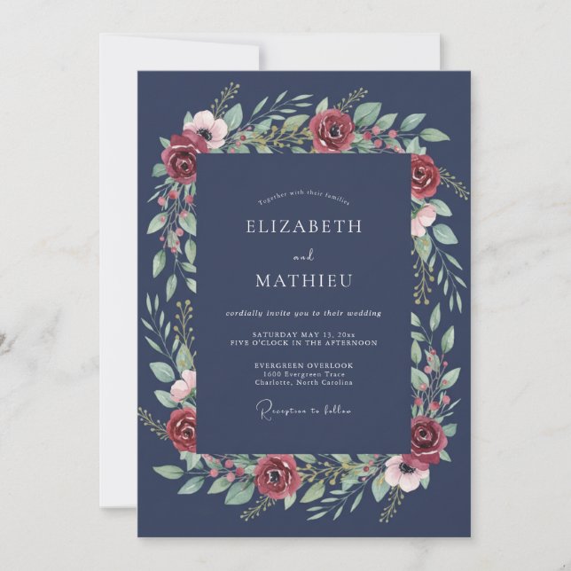 Navy Rose Winter Wedding Invitation (Front)