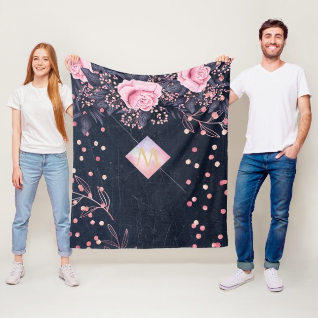 Navy Rosegold Monogram Gifts Girly Floral Pink Fleece Blanket