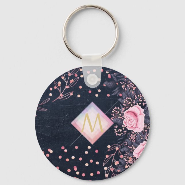 Navy Rosegold Monogram Gifts Girly Floral Pink Key Ring (Front)