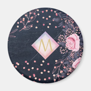 Navy Rosegold Monogram Gifts Girly Floral Pink Magnet
