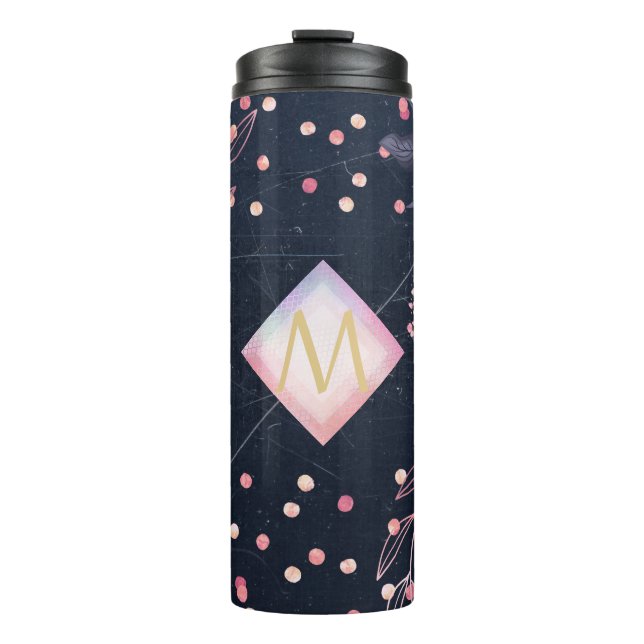 Navy Rosegold Monogram Gifts Girly Floral Pink Thermal Tumbler (Front)