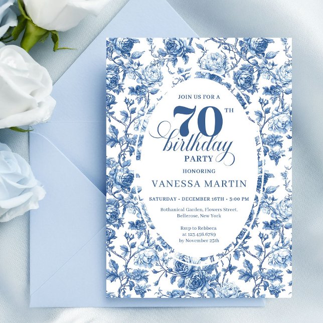 Navy Roses 70th Birthday Elegant Party Invitation (French toile de jouy flowers,
Luxurious navy roses 70TH birthday,
dusty Blue flowers botanical garde)
