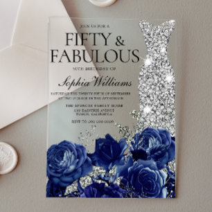 Navy Roses Diamond Gown 50th Birthday Party Acrylic Invitations