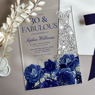Navy Roses Diamond Gown Womans 30th Birthday Acrylic Invitations