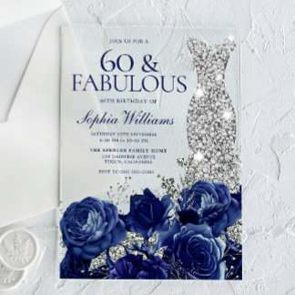 Navy Roses Diamond Gown Womans  60th Birthday Acrylic Invitations