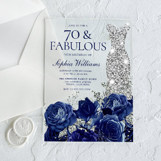 Navy Roses Diamond Gown Womans 70th Birthday Acrylic Invitations