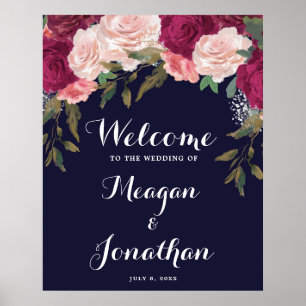navy roses floral wedding welcome sign