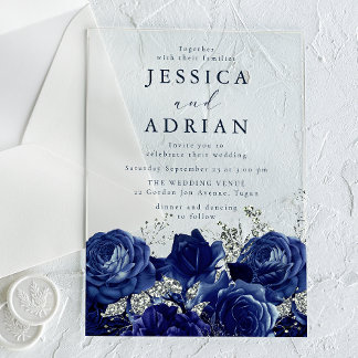 Navy Roses & Silver Elegant Wedding Acrylic Invitations