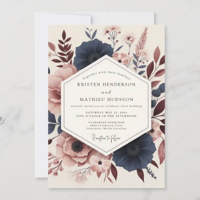 Navy Rosewood Artistic Wedding Invitation (Front)