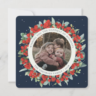 Navy Round/Square Red Berries+Eucalyptus Photo Holiday Card