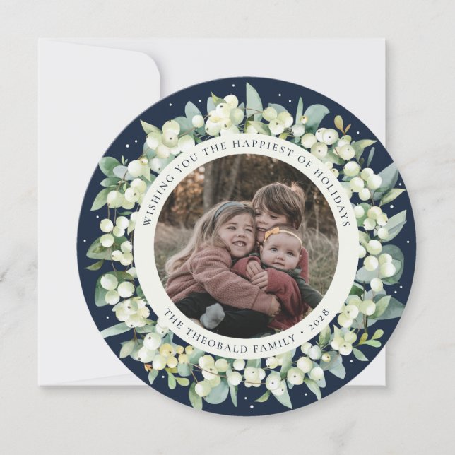 Navy Round/Square Snowberry+Eucalyptus Photo Holiday Card (Front)