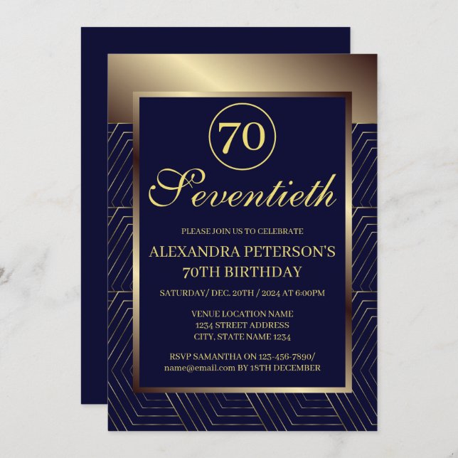 Navy Royal blue And Gold Patterned Border Birthday Invitation (Front/Back)
