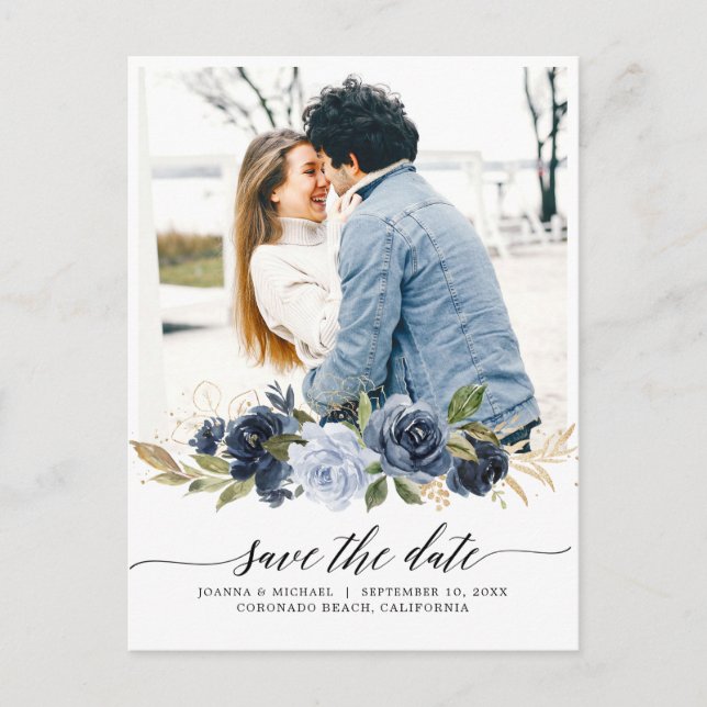Navy Royal Blue Blush Floral Photo Save the Date P Postcard (Front)