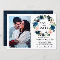 Navy Royal Blue Blush Floral Save the Date