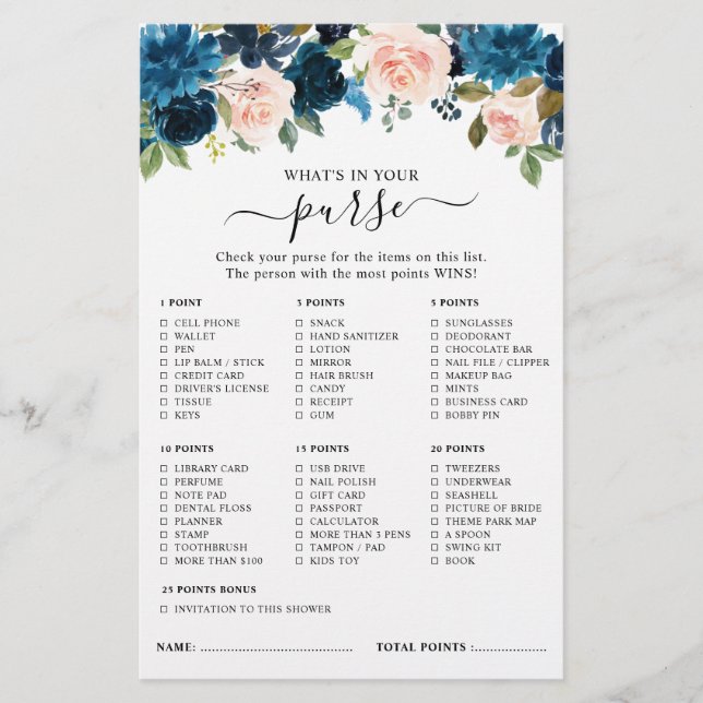 Navy Royal Blue Blush Pink Bridal shower game (Front)