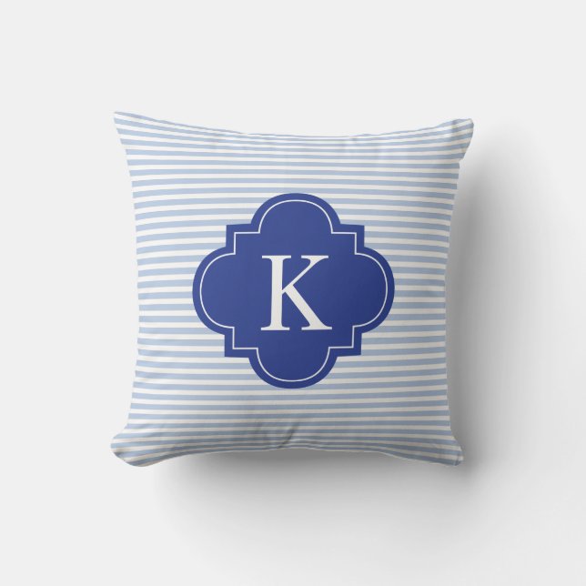 Navy Royal Blue Stripes Quatrefoil Monogram Cushion (Front)
