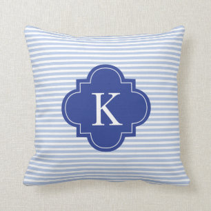 Navy Royal Blue Stripes Quatrefoil Monogram Cushion