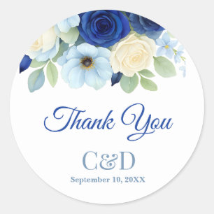Navy Royal Bue Wedding Watercolor Ivory Flowers Classic Round Sticker