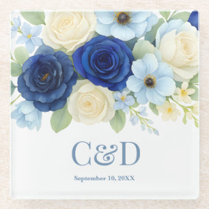 Navy Royal Bue Wedding Watercolor Ivory Flowers Glass Coaster