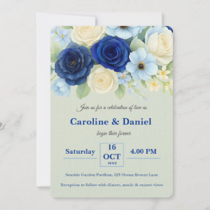 Navy Royal Bue Wedding Watercolor Ivory Flowers Invitation
