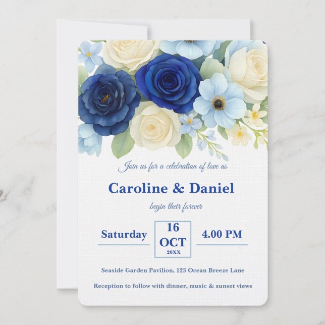 Navy Royal Bue Wedding Watercolor Ivory Flowers Invitation (Front)