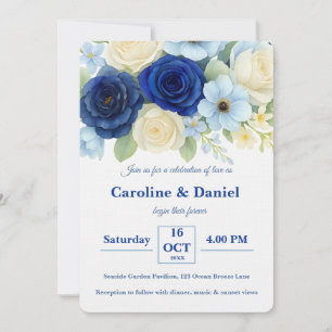 Navy Royal Bue Wedding Watercolor Ivory Flowers Invitation