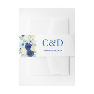 Navy Royal Bue Wedding Watercolor Ivory Flowers Invitation Belly Band
