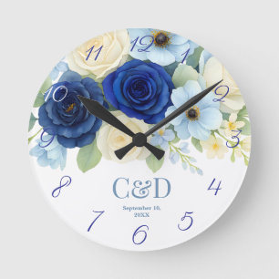 Navy Royal Bue Wedding Watercolor Ivory Flowers Round Clock