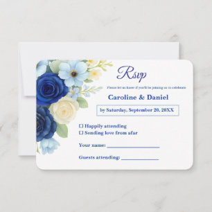 Navy Royal Bue Wedding Watercolor Ivory Flowers RSVP Card